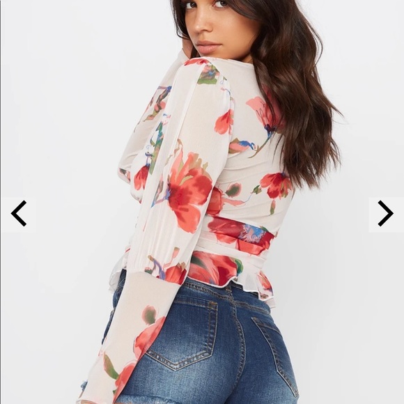 Floral Mesh V-Neck Peplum Long Sleeve Blouse - Picture 5 of 5